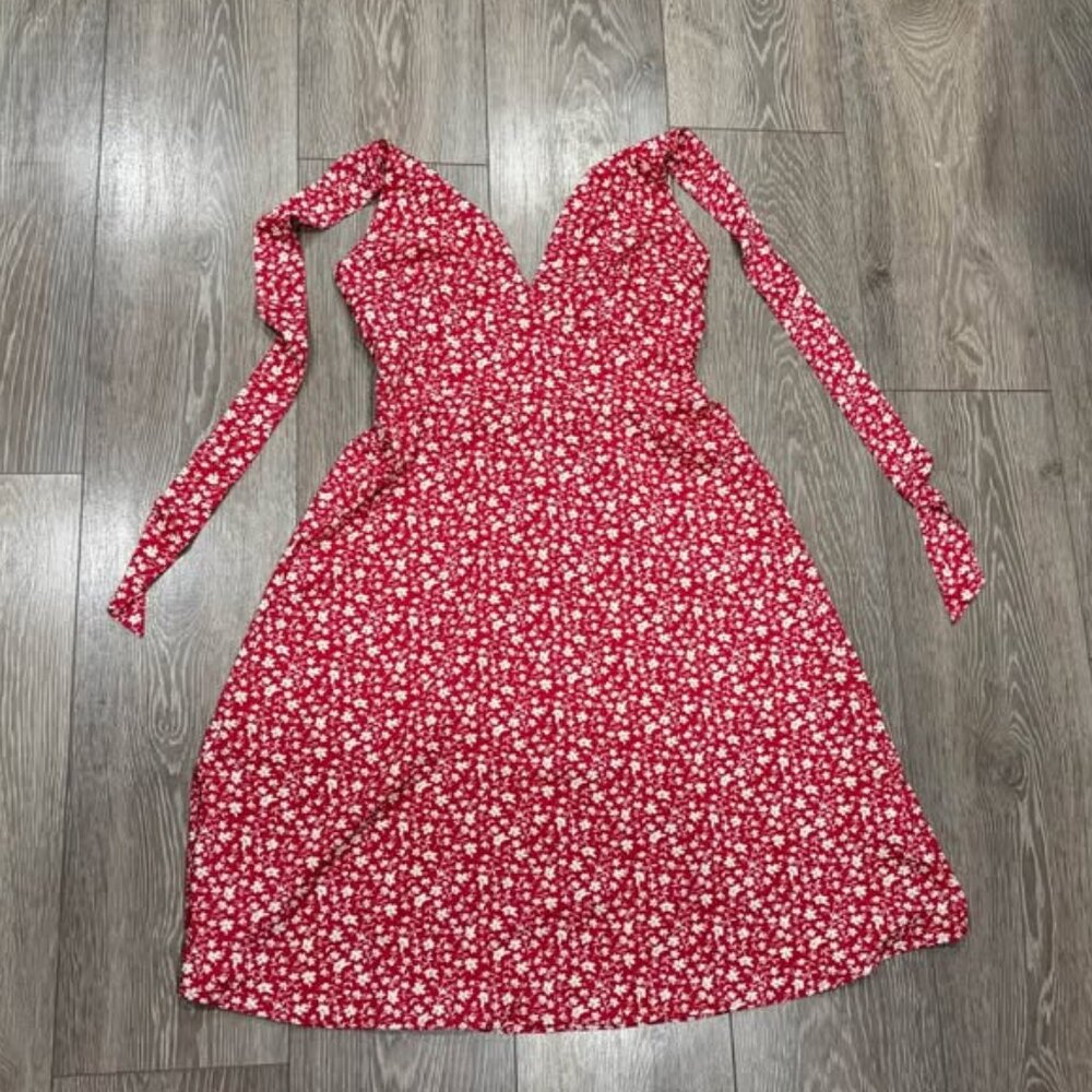 Floral Halter V-Neck Dress-A Line-Stretch Back-Large-Red Zaful